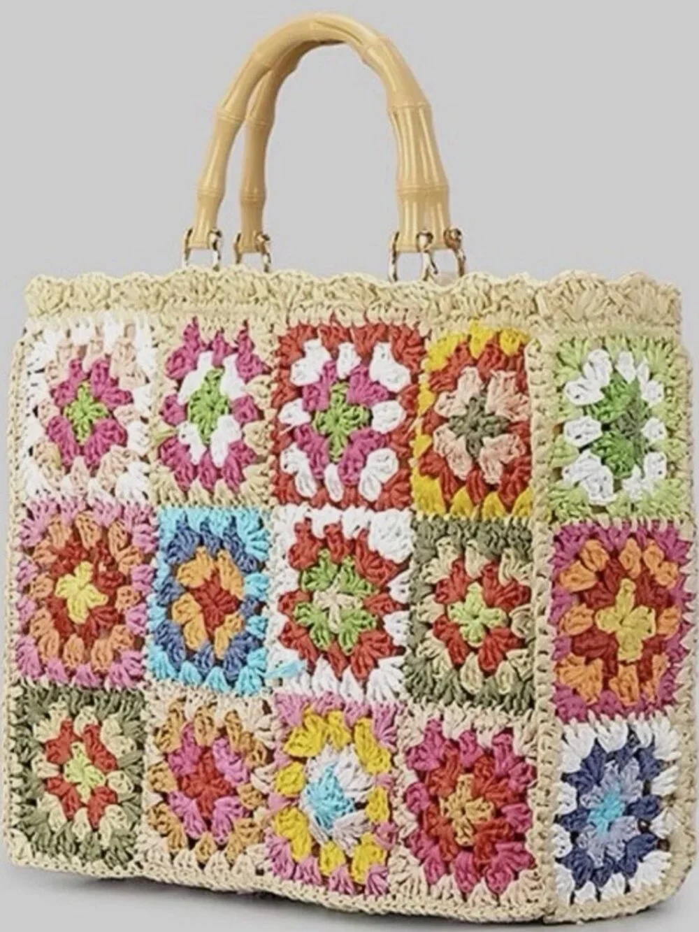 Handmade Crochet Straw Flower Boho Summer Beach Bag Floral Woven Light Raffia